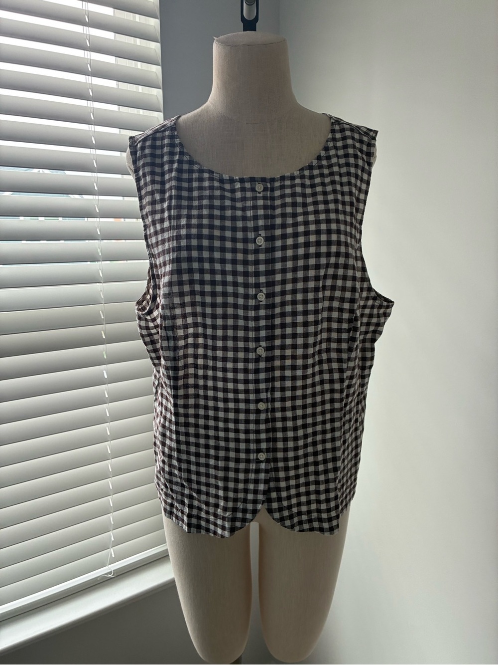 NWT Gap Women's Boatneck Linen-Blend Button-Up Brown Checkered Top